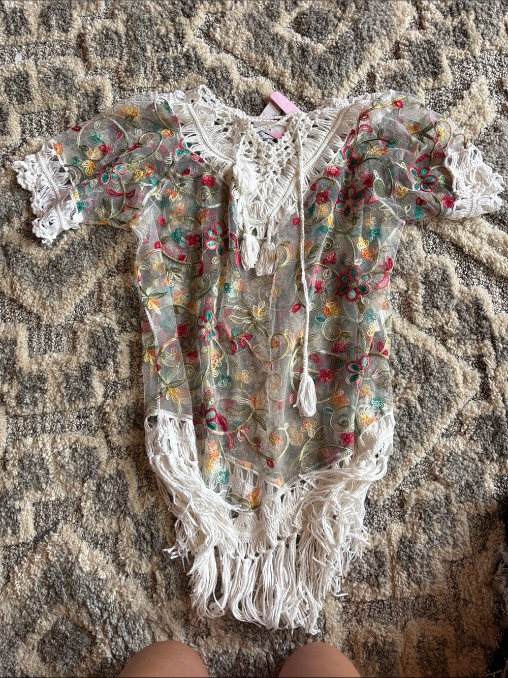 Embroidered Floral Crochet Fringe Cover-Up — Ivory with Multicolor Flowers